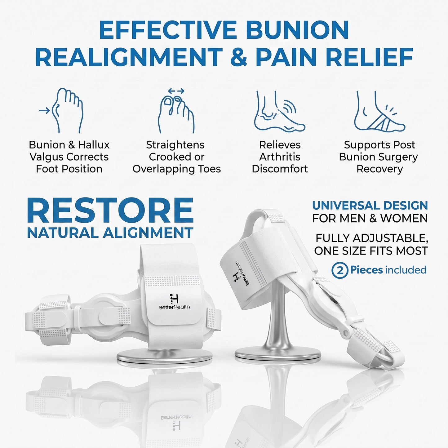 Bunion Corrector Fully Adjustable Women & Men Bunion Fix Big Toe Separator Day/Night Support Hallux Valgus (2PCS)
